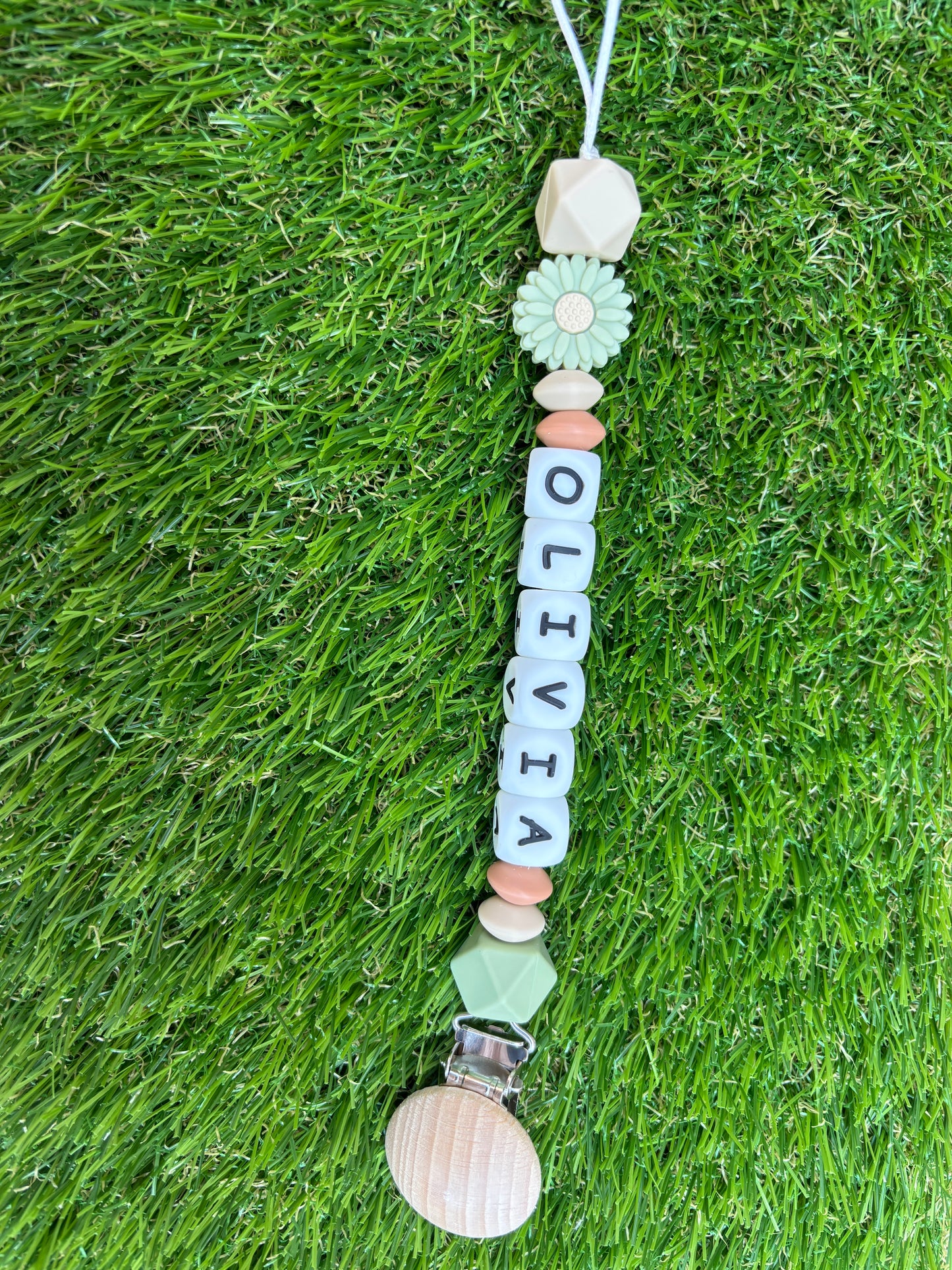 Olijfgroene speenkoord met naam