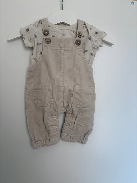 Beige setje: T-shirt met diertjes en salopette