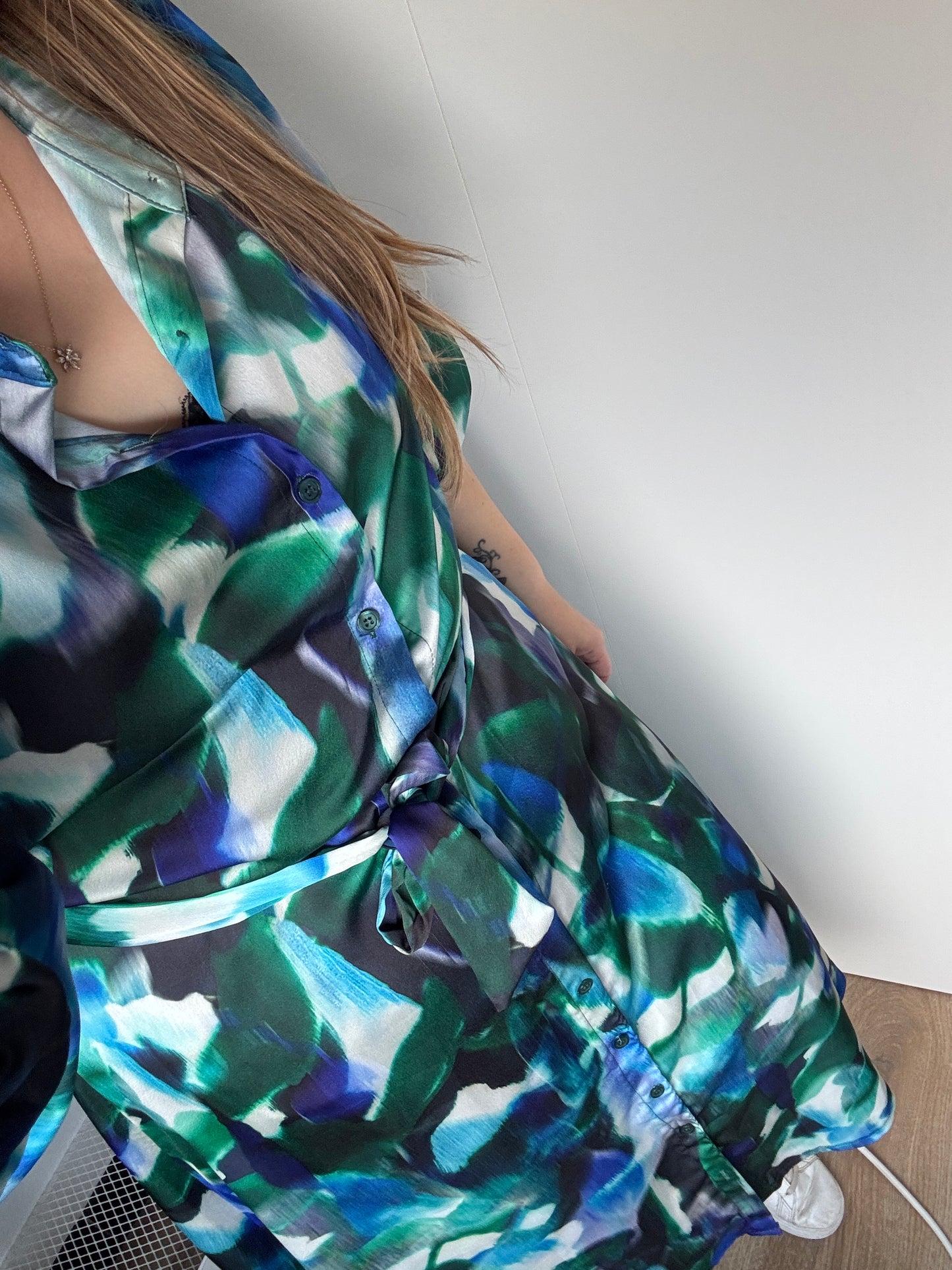 Blauwgroene lange jurk