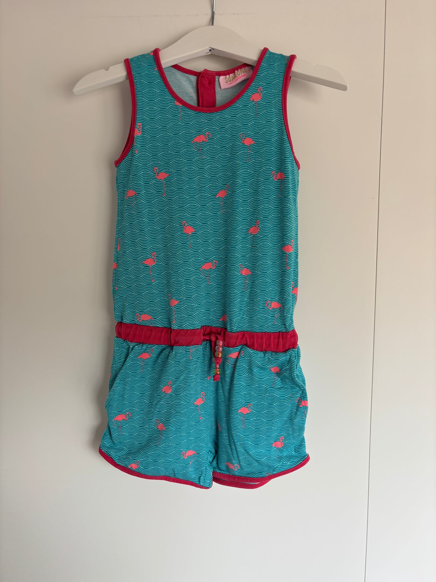 Lichtblauwe playsuit met flamingo's