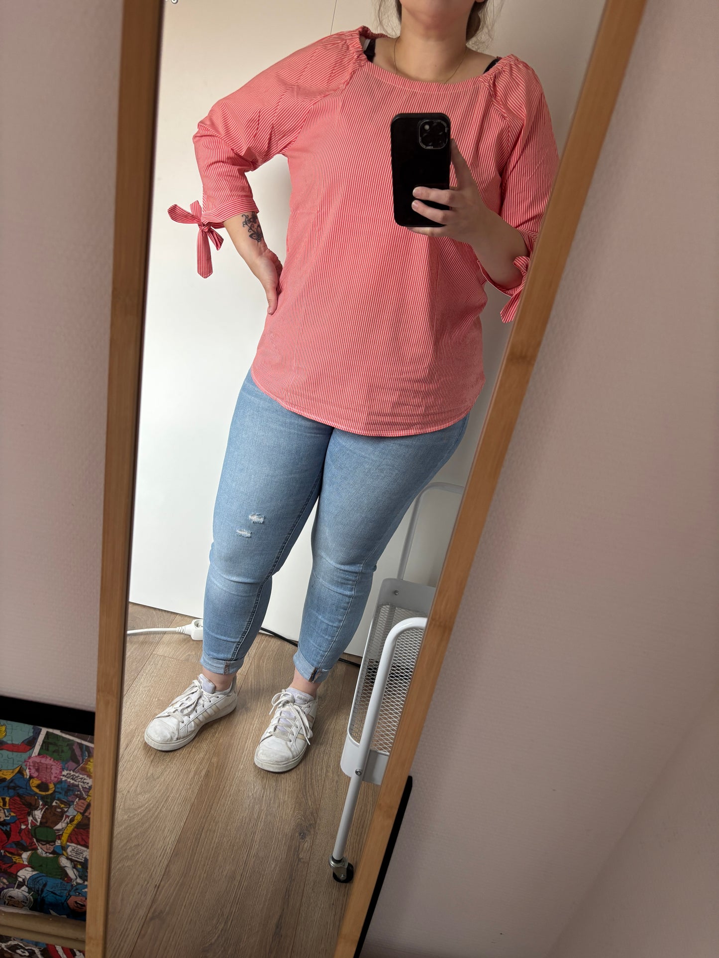 Oranjeroze gestreepte blouse