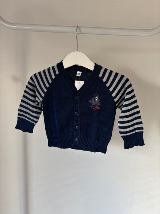 Marineblauwe cardigan met gestreepte mouwen