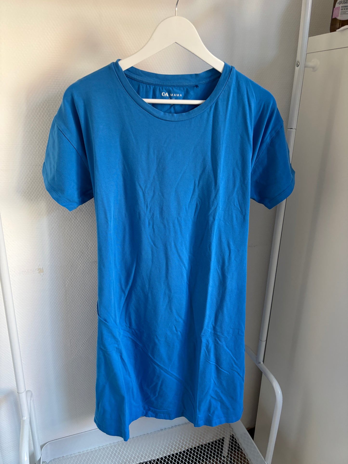 Blauwe zwangerschapsjurk met korte mouwen