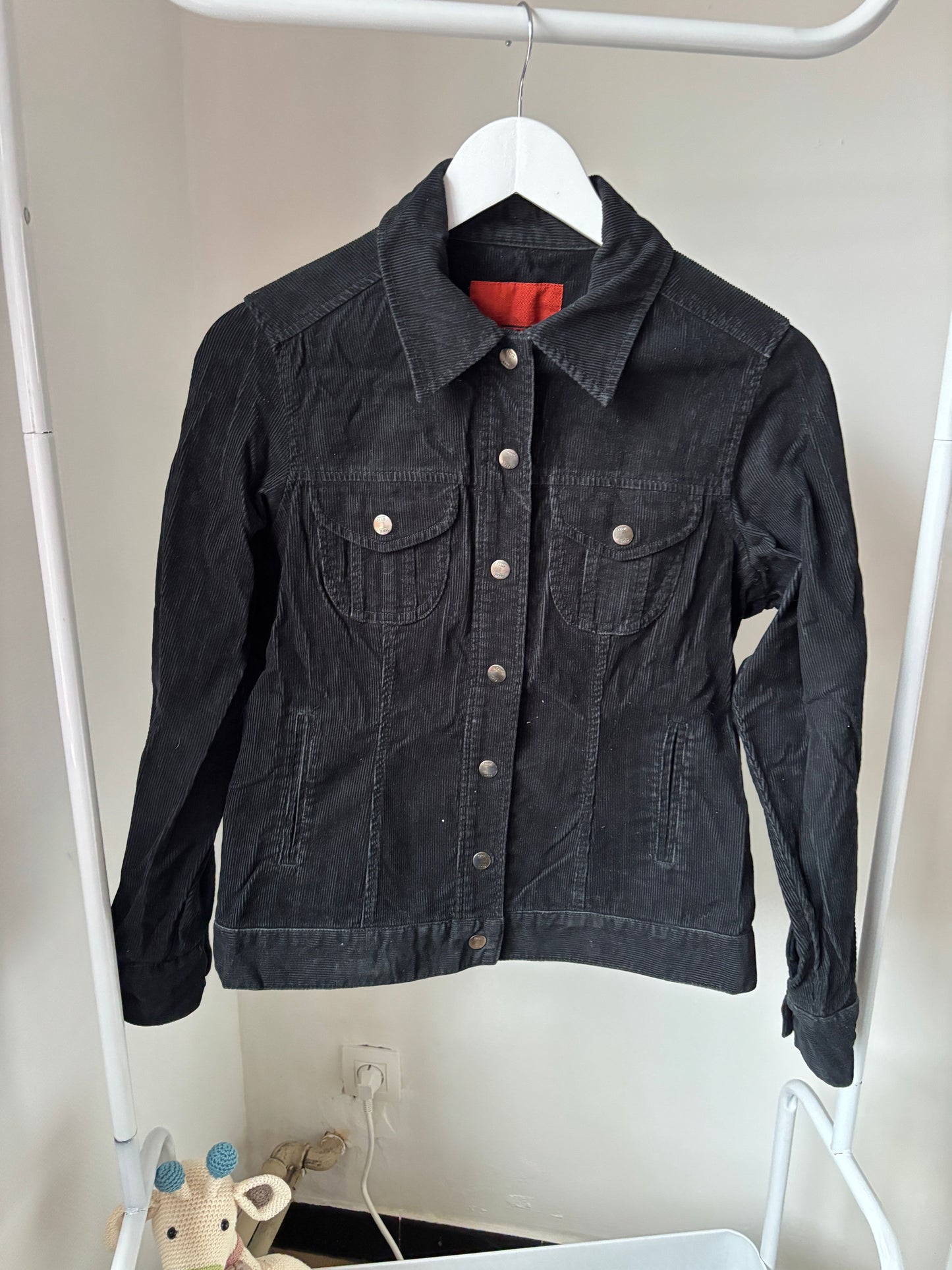 Zwarte ribfluwelen jeansjas
